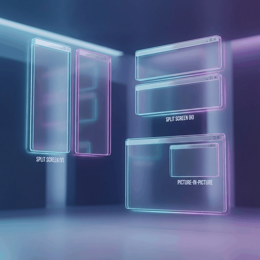 The three dual camera layouts: split screen vertical, split screen horizontal, and picture-in-picture