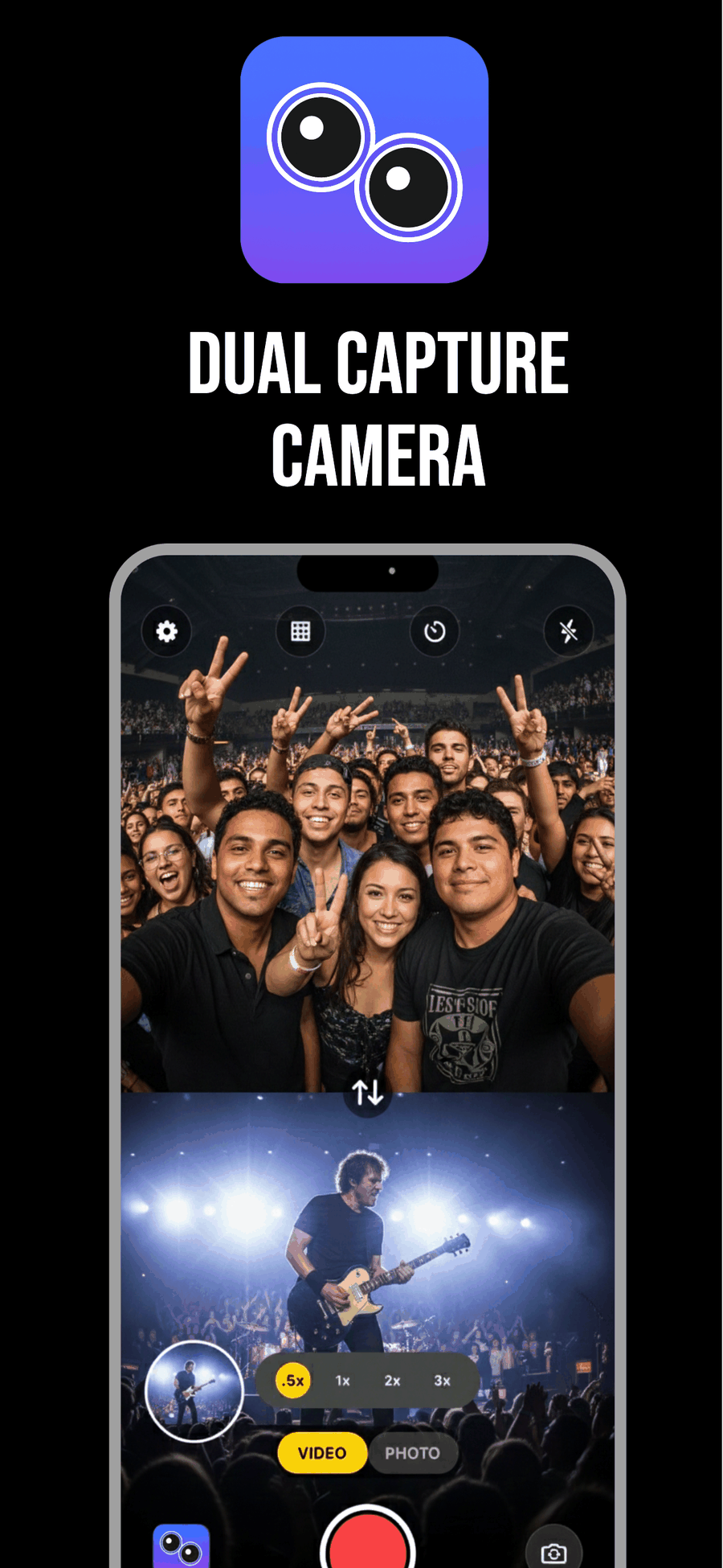 DualCapture recording a concert in split screen, a crowd selfie on the top half and the band on stage below