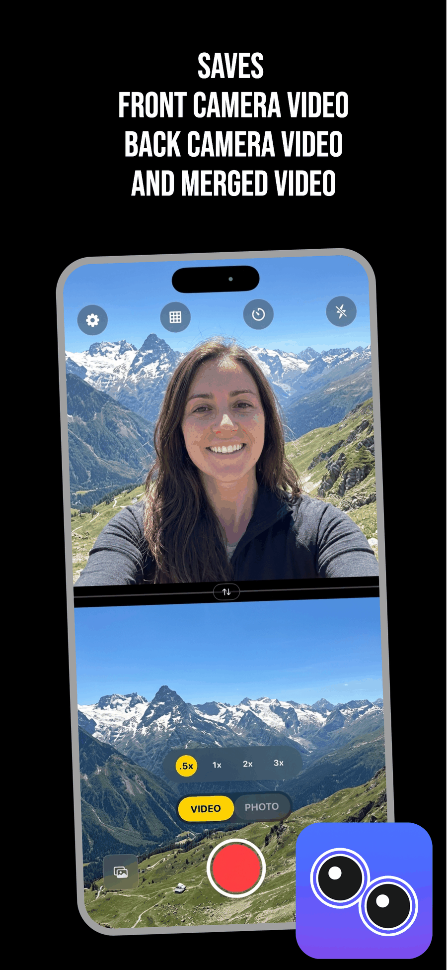 DualCapture im Split Screen: oben die Frontkamera mit einer Frau, unten die Rückkamera mit einem Bergpanorama