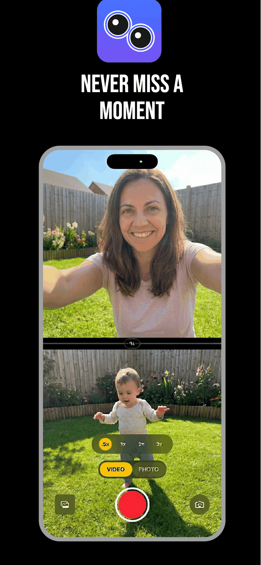 DualCapture on an iPhone: a parent smiling into the front camera above the back camera view of a toddler in a garden