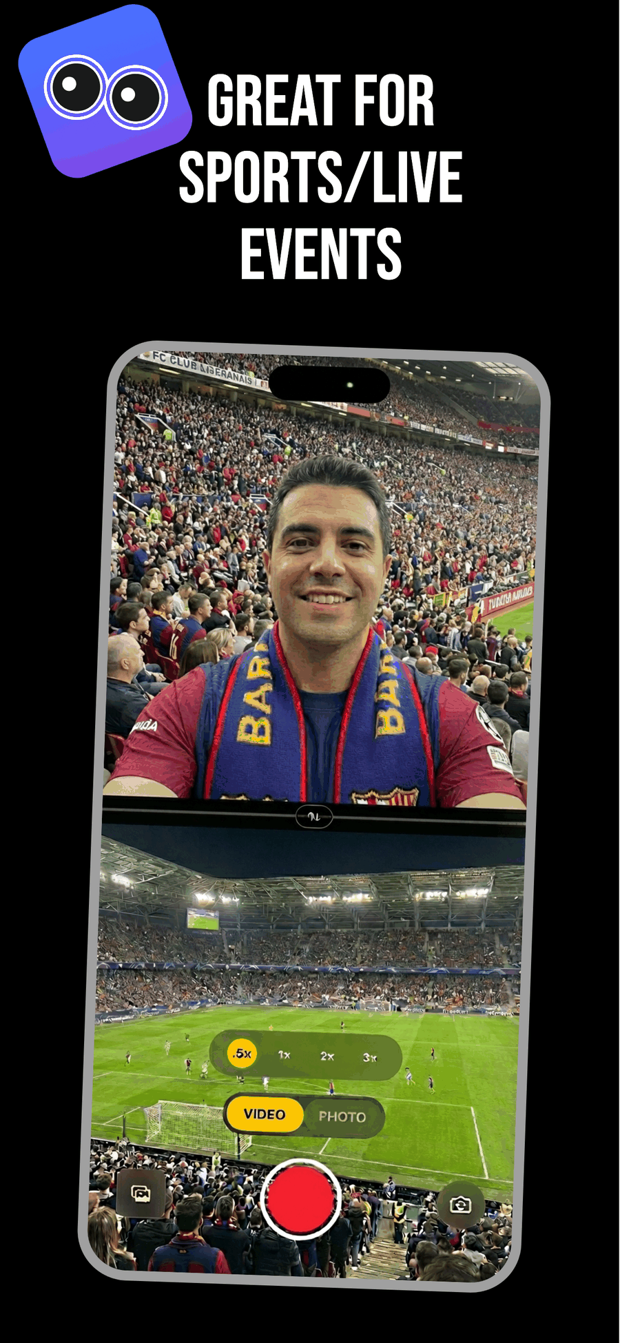 DualCapture at a football match, the fan reacting on the top half of the screen and the pitch on the bottom half